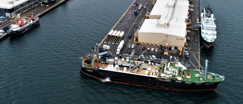 Ships loading crates on a dock