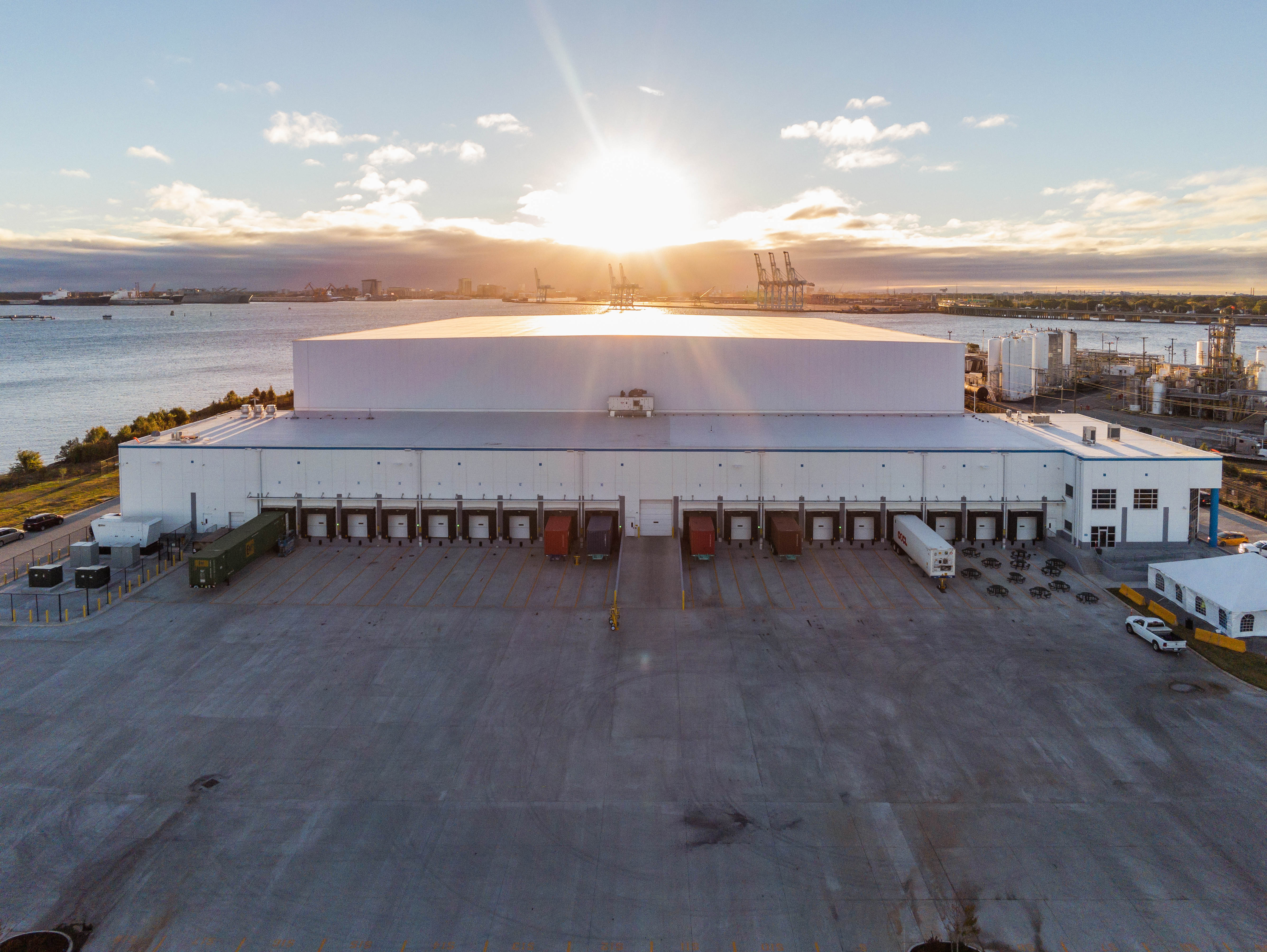 Exterior of Airsun Express warehouse at sunset