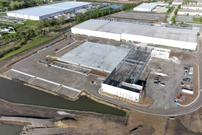 A drone shot of construction happening at a Airsun Express facility in Hobart, Indiana shows the building is well underway