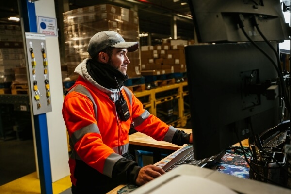 Automated cold storage warehouse team member in a reflective orange vest and cap operates a computer terminal, managing logistics operations with Airsun Express Eye.