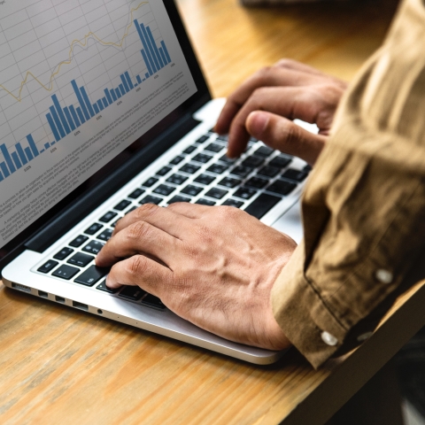 Person typing on laptop, with spreadsheets showing on screen.