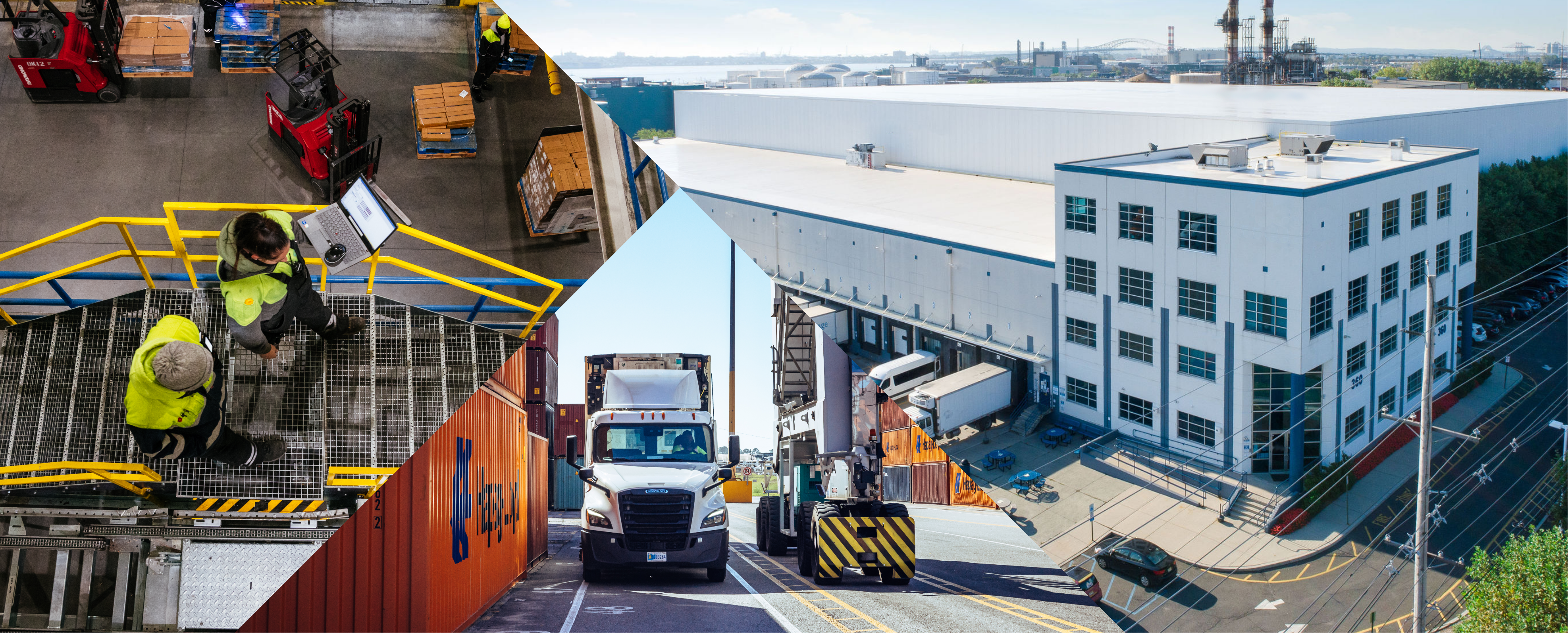 Collage of Airsun Express warehouses and a Airsun Express truck at port