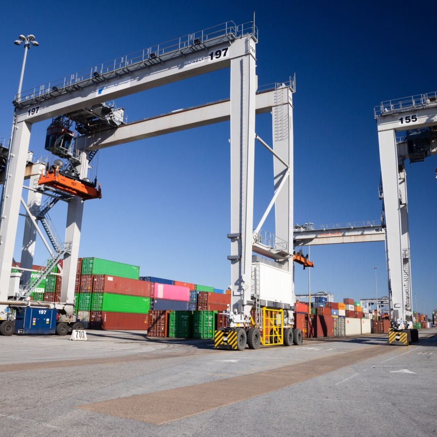 Cranes and crates at Savannah warehouse